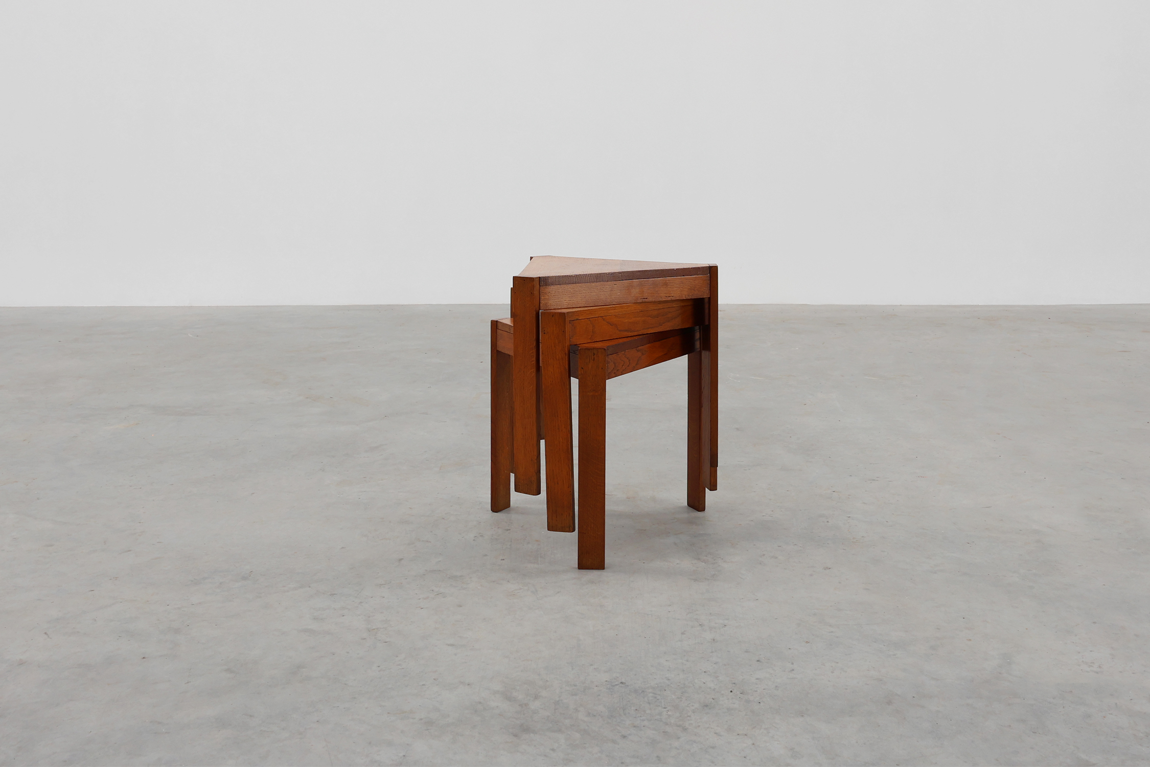 Set of 3 oak wooden triangular nesting or modular tables, France ca. 1960thumbnail